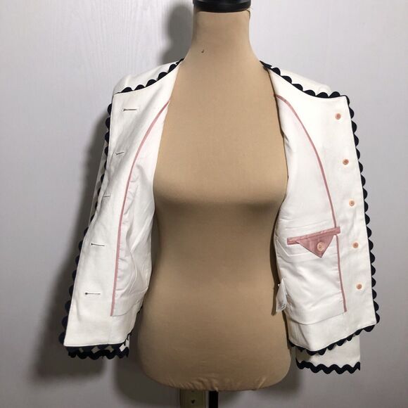 J Crew Linen Jacket Womens 2 White Blue Blazer Ric Rac Trim Career Office - Picture 3 of 15